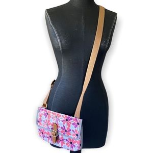 Fossil Bag Purse Crossbody Floral Print Cream Pink and Purple Coated Canvas